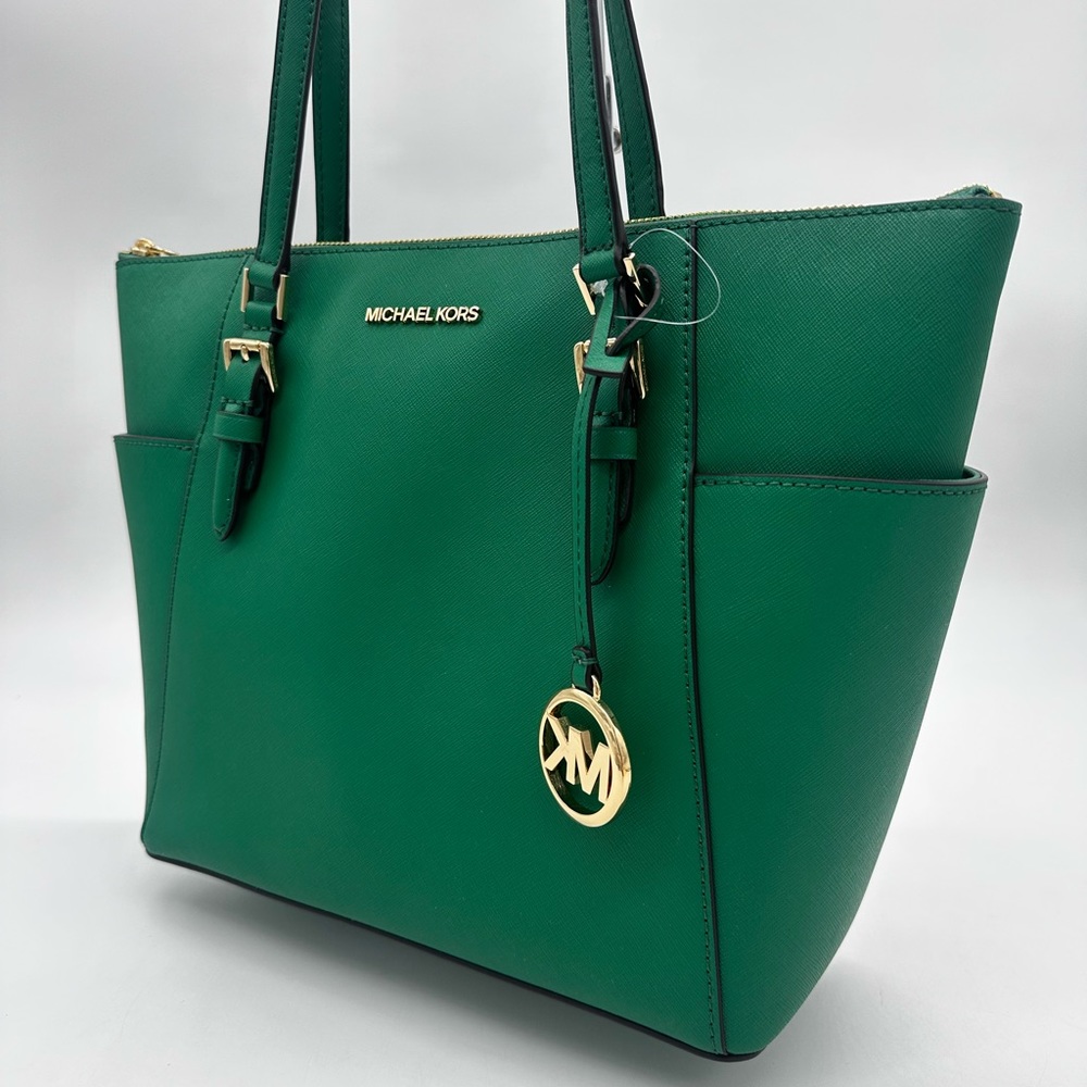 Michael Kors Large Charlotte Tote Bag Green/Gold - Picture 2 of 12